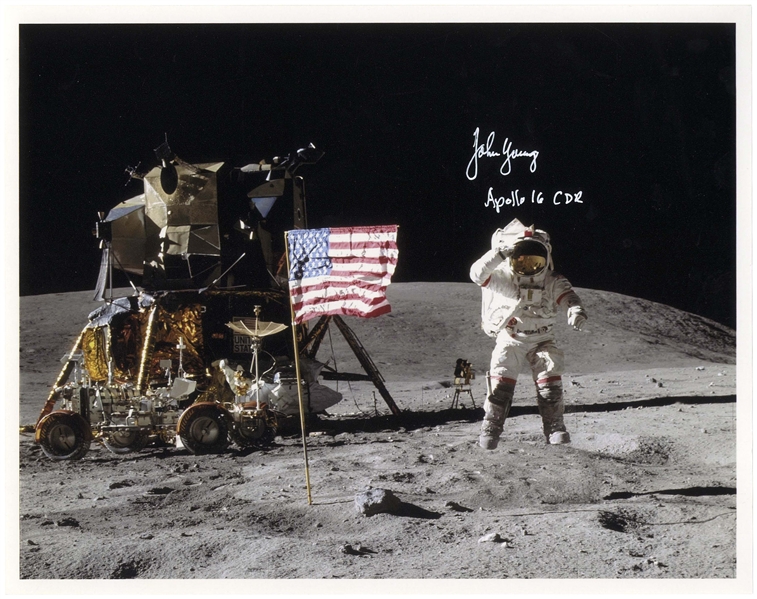 John Young Signed Photo of Him Standing on the Moon -- With Steve Zarelli COA
